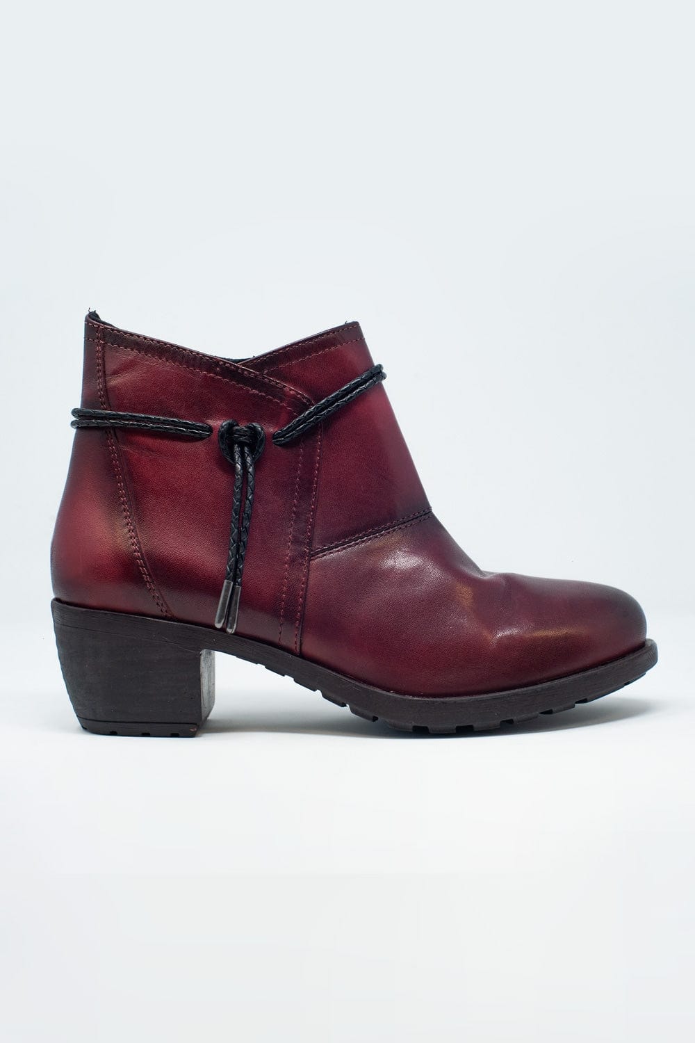 Q2 Women's Boots Maroon Blocked Mid Heeled Ankle Boots with Round Toe