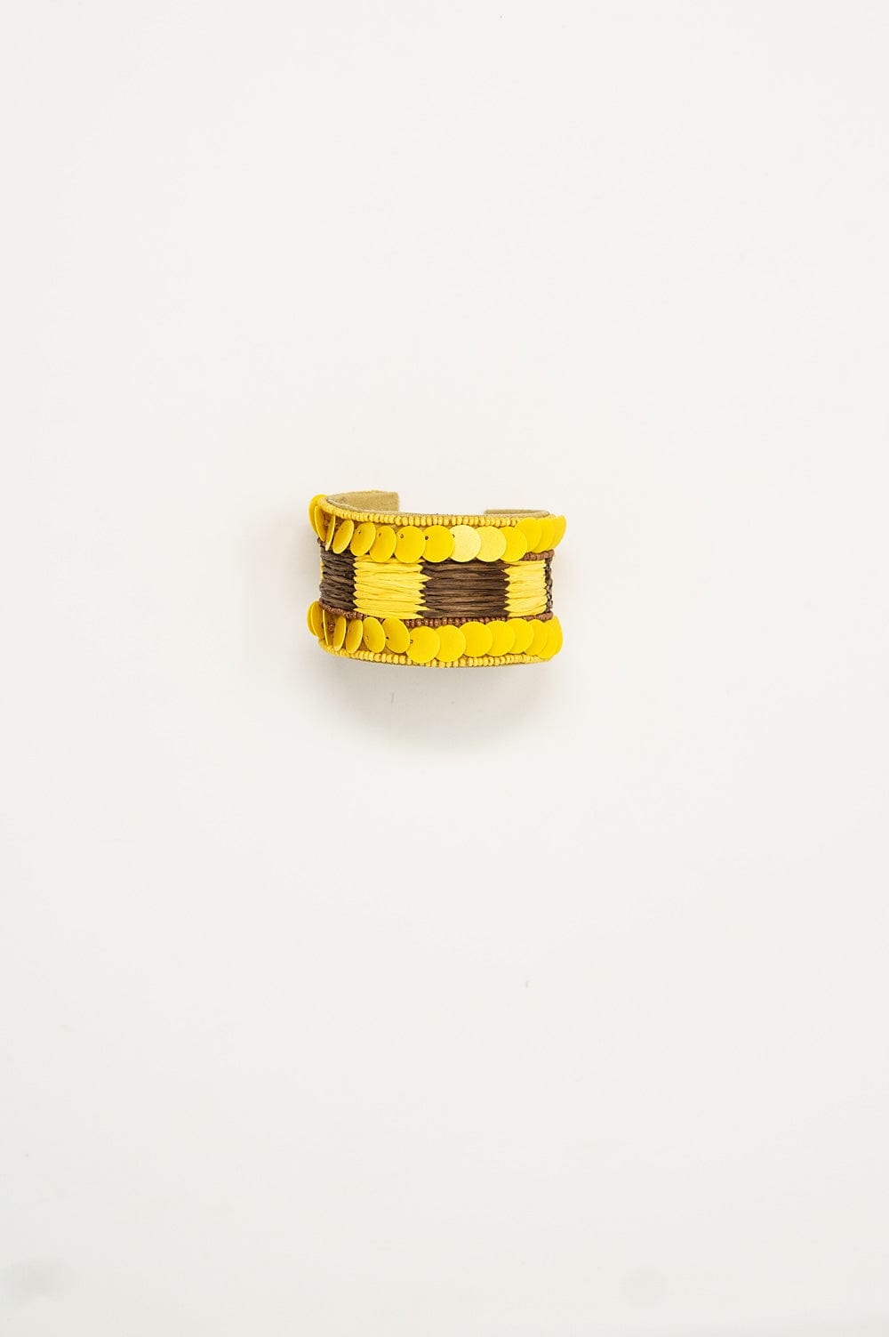 Q2 Women's Bracelet One Size / Yellow Yellow And Brown Thick Open Bracelet Wtih Yellow Bead Accents