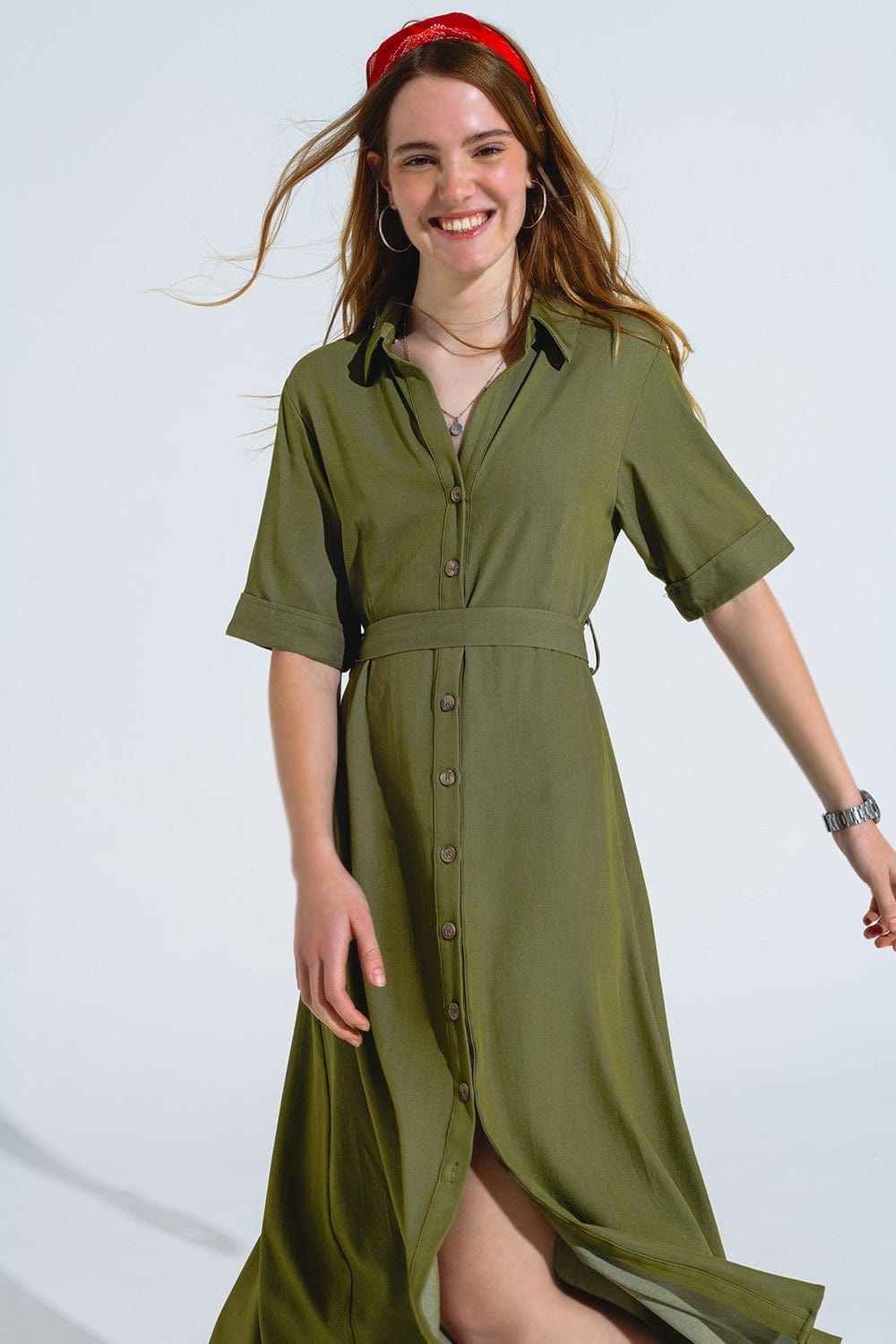 Q2 Women's Dress Green Maxi Shirt Dress With Polo Collar
