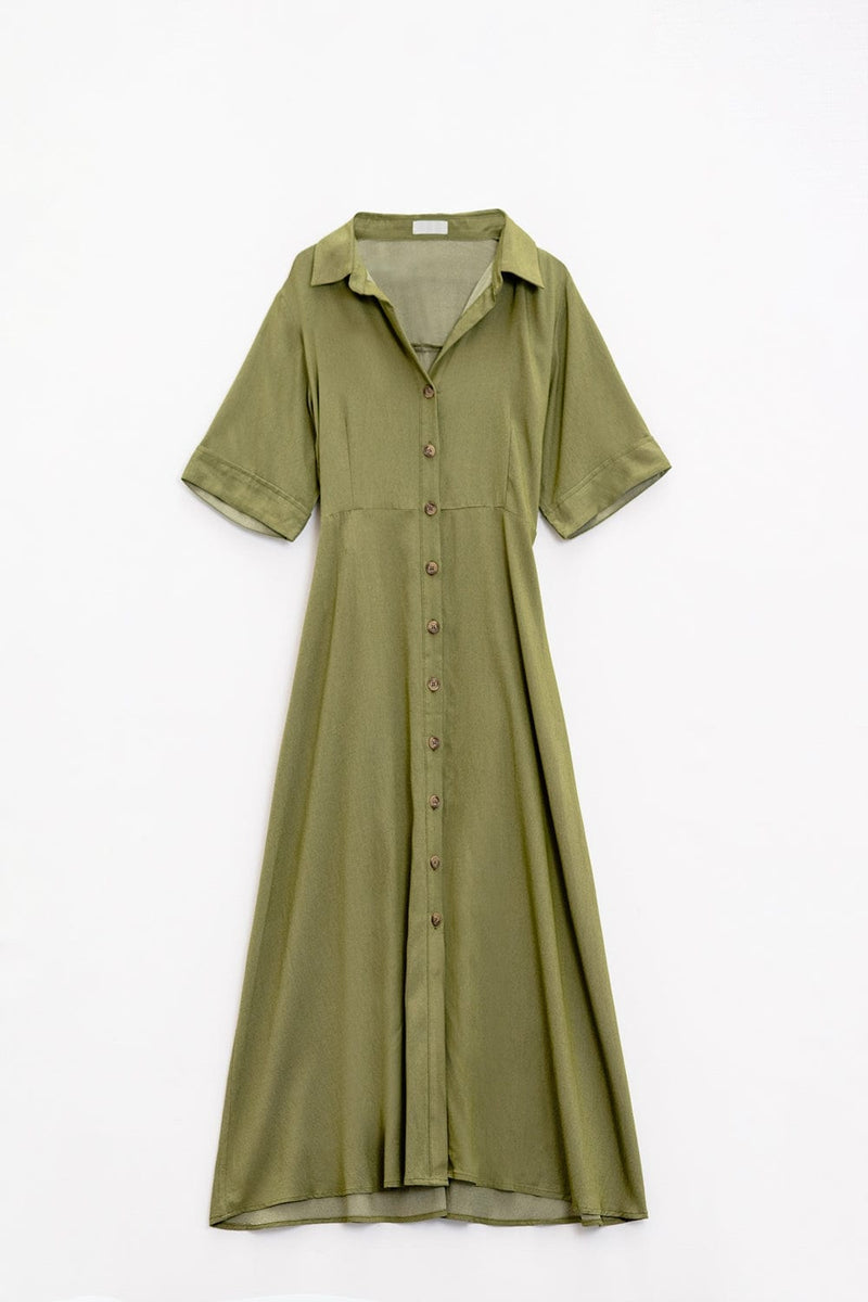Q2 Women's Dress Green Maxi Shirt Dress With Polo Collar