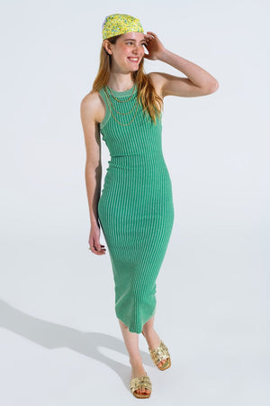 Q2 Women's Dress One Size / Green Maxi Sleeveless Halter Bodycon Ribbed Dress In Green
