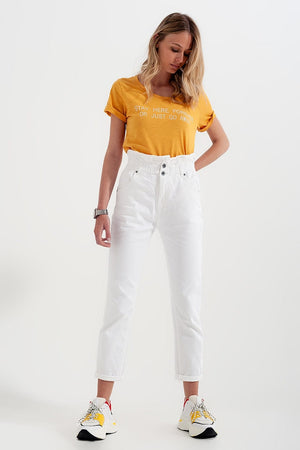 Q2 Women's Pants & Trousers Elasticated Paper Bag Waist Mom Jean in White