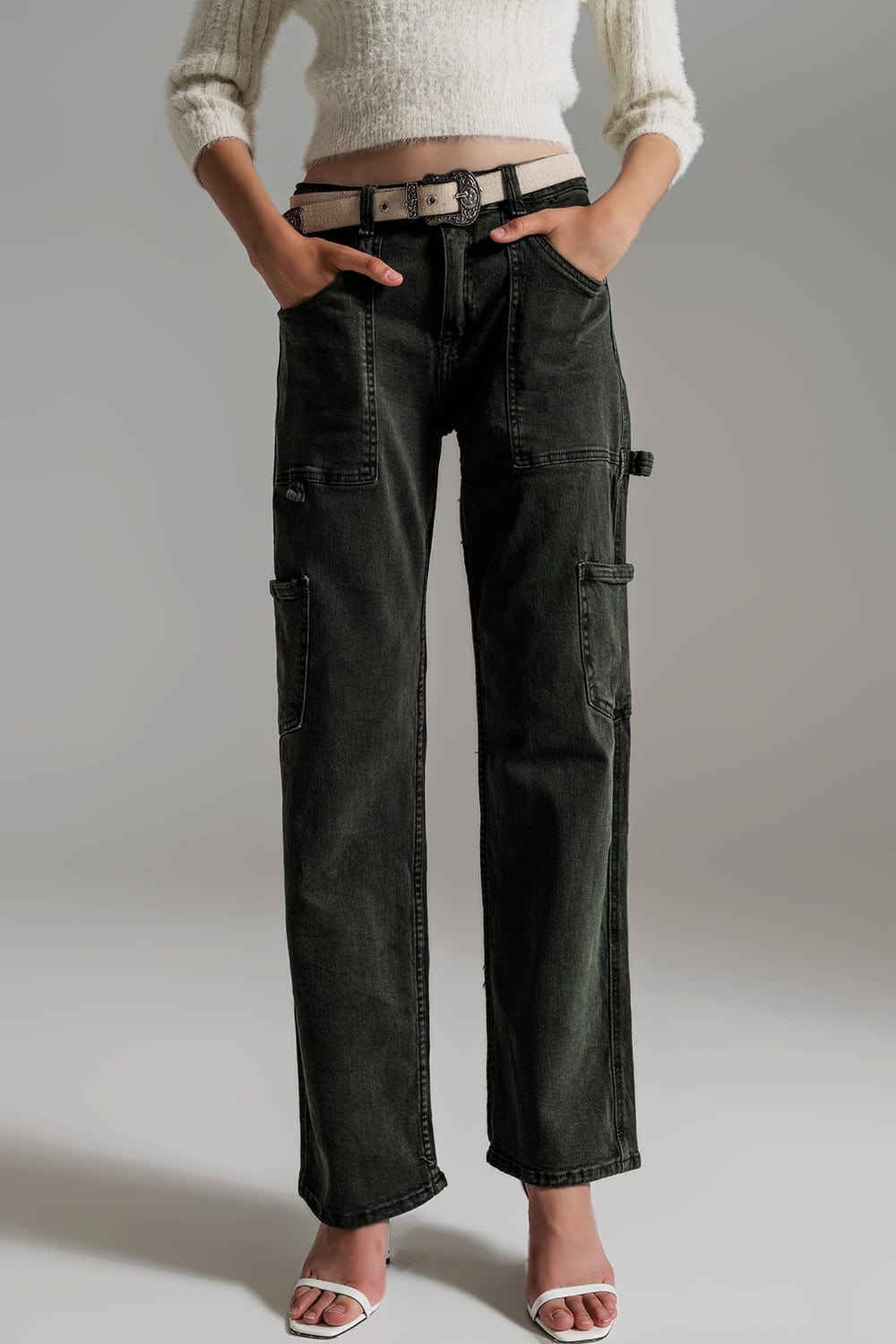 Q2 Women's Pants & Trousers Straight Leg Cargo Pants In Dark Green