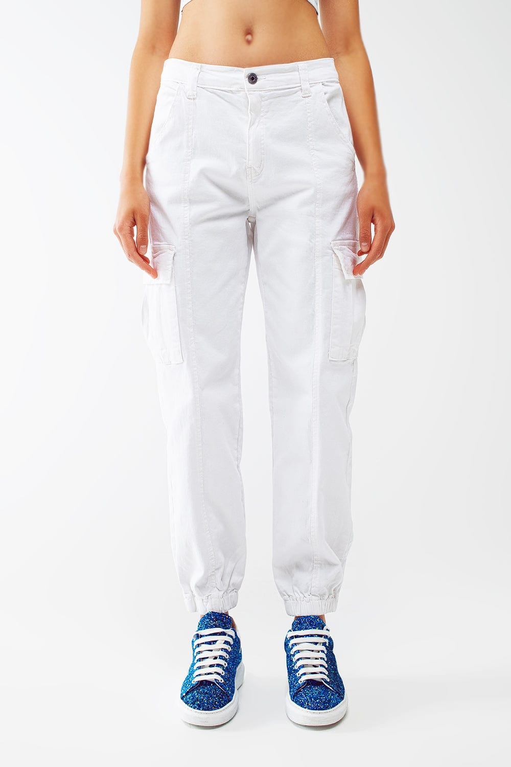 Q2 Women's Pants & Trousers White Cargo Pants With Elasticated Waist And Hem