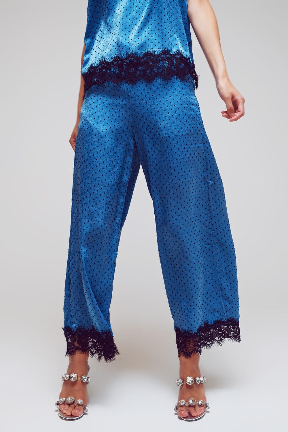 Q2 Women's Pants & Trousers Wide Dotted Pants With Lace At The Hems