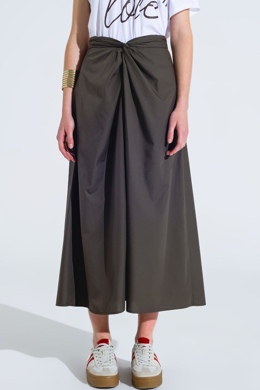 Q2 Women's Skirt Maxi Khaki Poplin Skirt With Knot Detail At The Waist