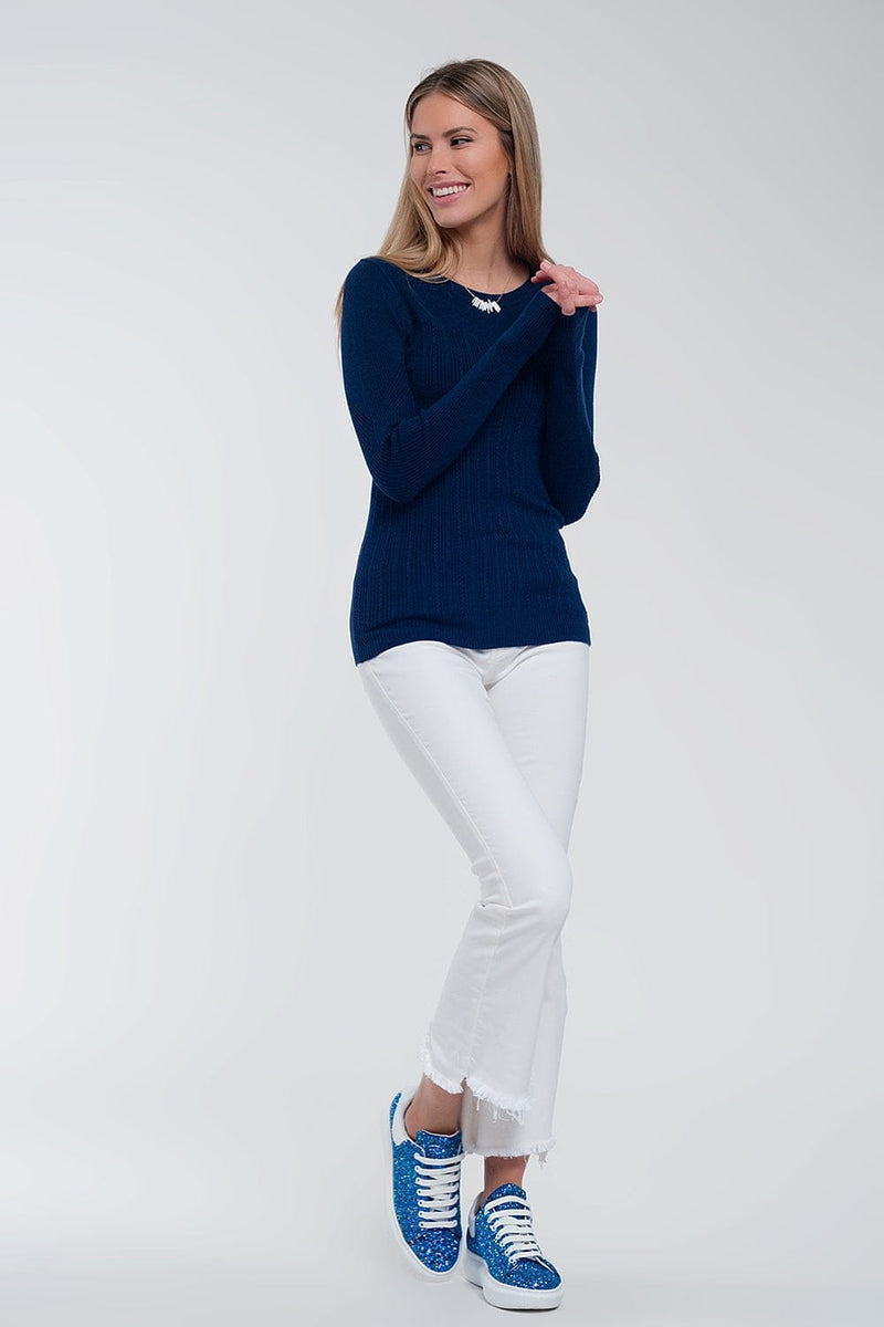 Q2 Women's Sweater Crew Neck Ribbed Sweater in Navy