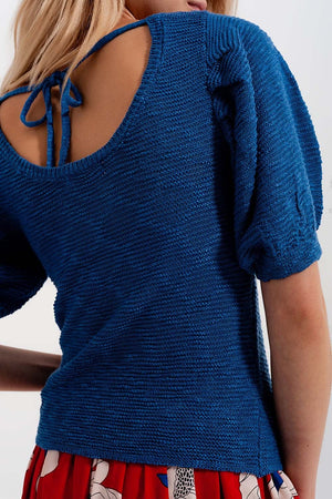 Q2 Women's Sweater Short Sleeve Knitted Top in Blue