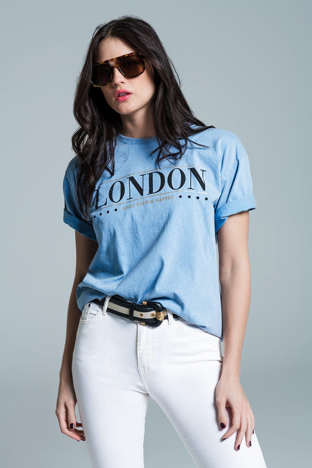 Q2 Women's Tees & Tanks One Size / Blue Relaxed Fit T-Shirt In Washed Baby Bue With London Logo