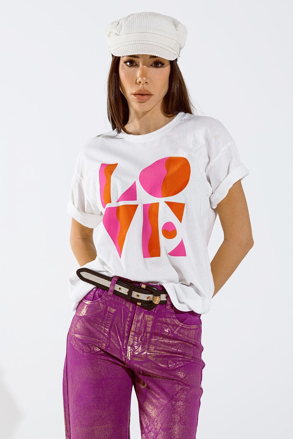 Q2 Women's Tees & Tanks One Size / White T-Shirt With Love Art Deco Digital Print In White