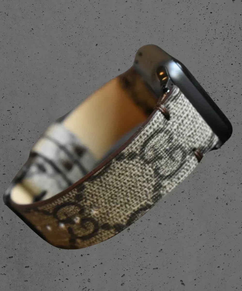 Close-up of an upcycled Apple Watch band showing material texture, stitching detail, and craftsmanship for everyday wear.