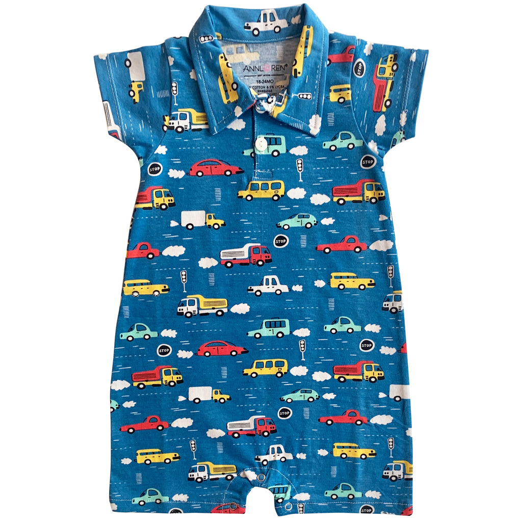AnnLoren Automobile Cars Trucks Spring Collar Baby Boys Romper Toddler Jumpsuit Sizes 3M - 24M