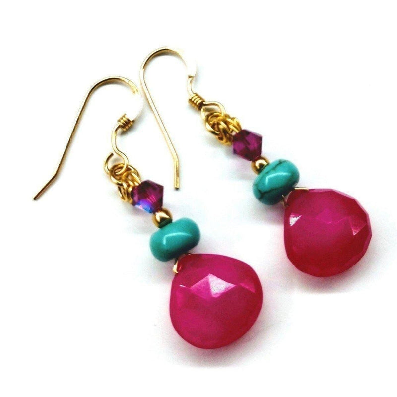 14 KT Gold Filled Wire Wrapped Pink And Turquoise Drop Gemstone Earrings - Earrings - Alexa Martha Designs   