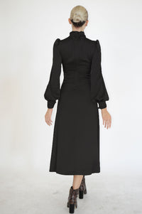 Black Satin Silk Turtleneck Bridesmaid Midi Dress - Custom Made - Bastet Noir