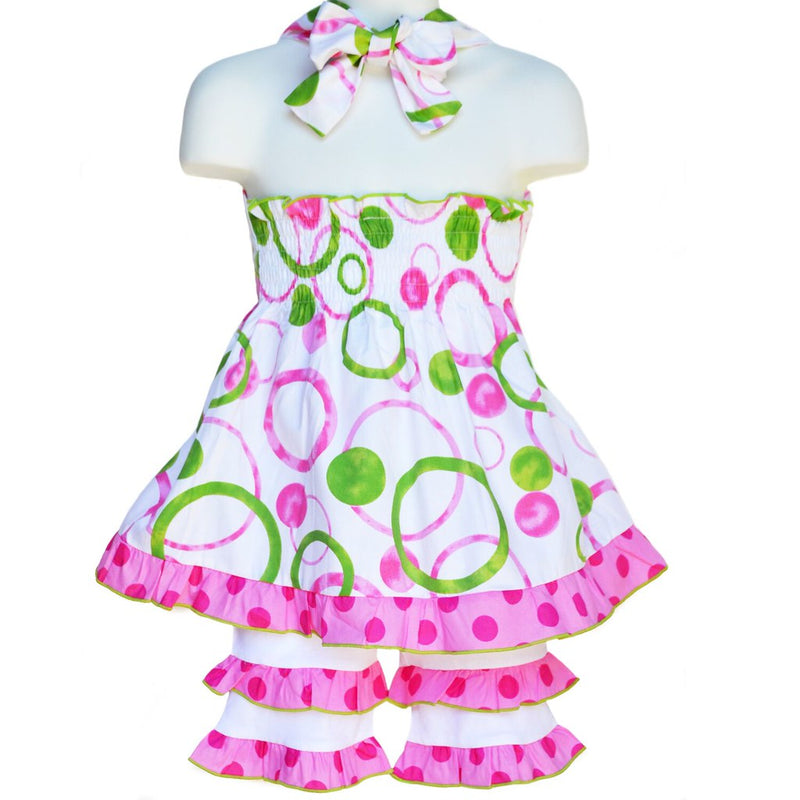 AnnLoren Girls Boutique Pink & Green Halter Capri Shorts Clothing Set