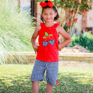 Girls Red Cherry Ruffled Tunic and Gingham Woven Shorts Outfit