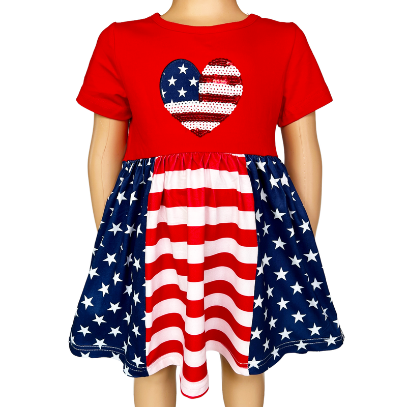 Girls 4th of July American Flag Heart Holiday Dress with Purse