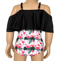 AL Limited Girls 2 piece Black Ruffle Pink & Black Floral Bikini bathing suit