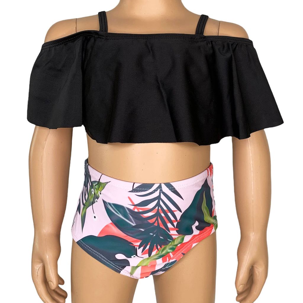 AL Limited Girls 2 piece Black Ruffle Pink Tropical Bikini bathing suit