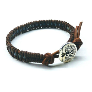 Brown Grey Leather Wrap Seed Bead Tree of Life Button Bracelet - Bracelet - Alexa Martha Designs   