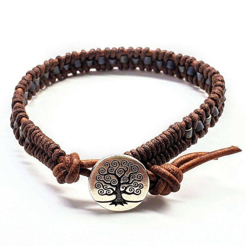 Brown Grey Leather Wrap Seed Bead Tree of Life Button Bracelet - Bracelet - Alexa Martha Designs   