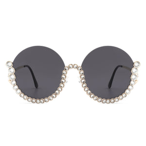 Gloriana - Women Circle Half Frame Oversize Rhinestone Fashion Round Sunglasses