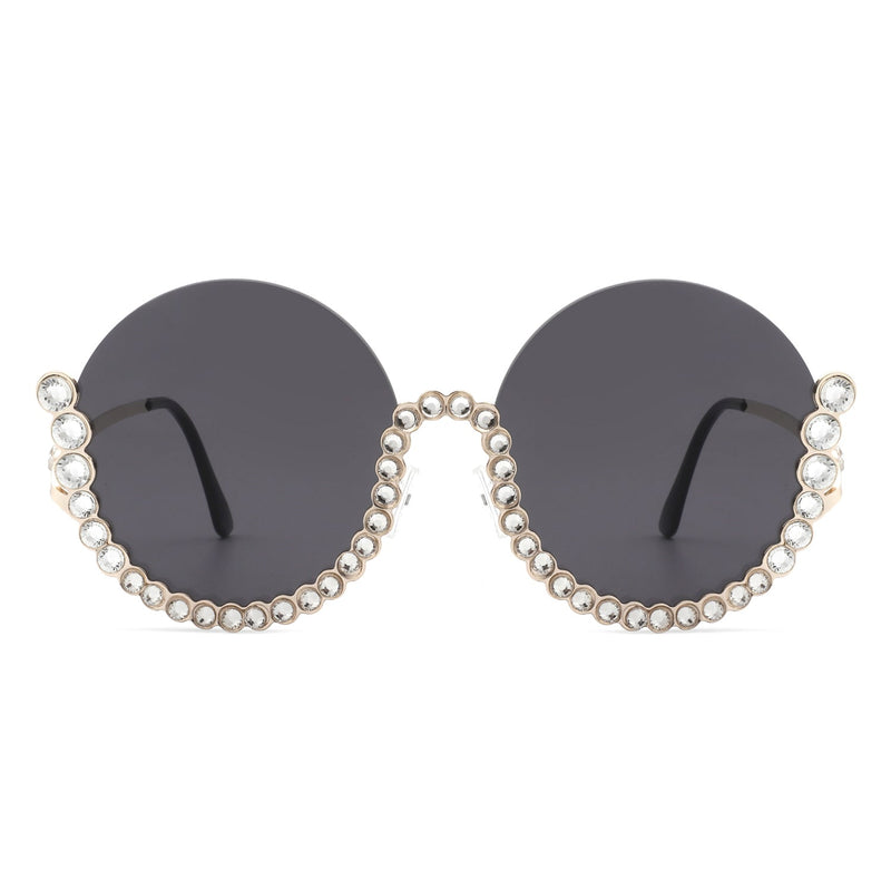 Gloriana - Women Circle Half Frame Oversize Rhinestone Fashion Round Sunglasses