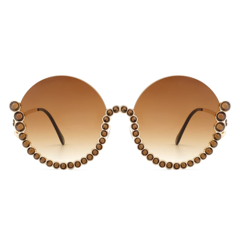 Gloriana - Women Circle Half Frame Oversize Rhinestone Fashion Round Sunglasses