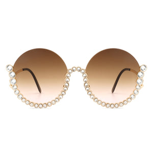 Gloriana - Women Circle Half Frame Oversize Rhinestone Fashion Round Sunglasses