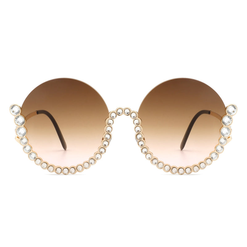 Gloriana - Women Circle Half Frame Oversize Rhinestone Fashion Round Sunglasses