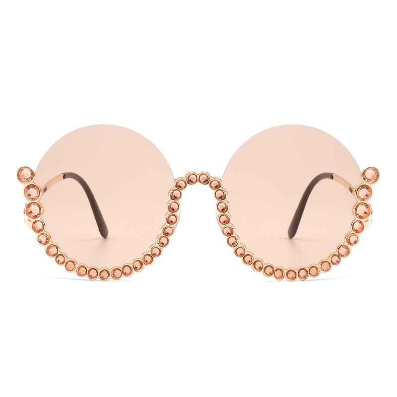 Gloriana - Women Circle Half Frame Oversize Rhinestone Fashion Round Sunglasses