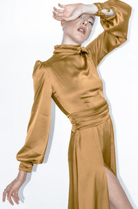 Gold Satin Silk Turtleneck Bridesmaid Midi Dress - Custom Made - Bastet Noir