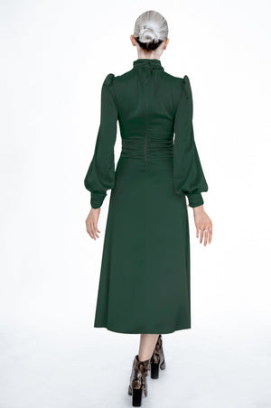 Emerald Green Satin Silk Turtleneck Bridesmaid Midi Dress - Custom Made - Bastet Noir