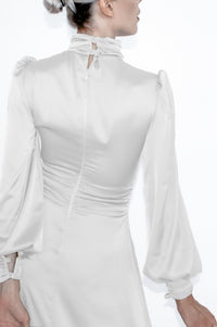 White Satin Silk Turtleneck Bridal Midi Dress - Custom Made - Bastet Noir
