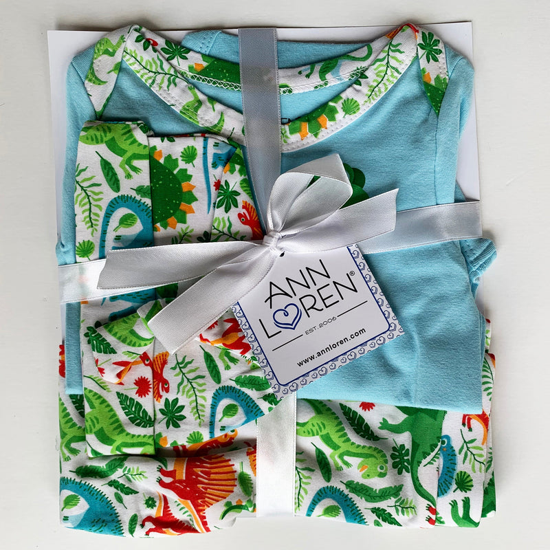 AnnLoren Baby Layette Boys Dinosaur Long Sleeve Onesie Pants Cap 3pc Gift Set Sizes 3M - 18M