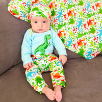 AnnLoren Baby Layette Boys Dinosaur Long Sleeve Onesie Pants Cap 3pc Gift Set Sizes 3M - 18M