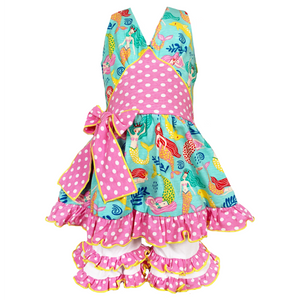 AnnLoren Girls' Mermaid Halter Dress & White Ruffle Shorts Boutique Set