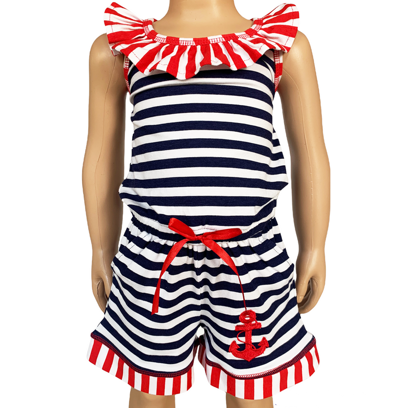 AnnLoren Little Big Girls Anchors Away Nautical Jumpsuit Summer Boutique Clothing