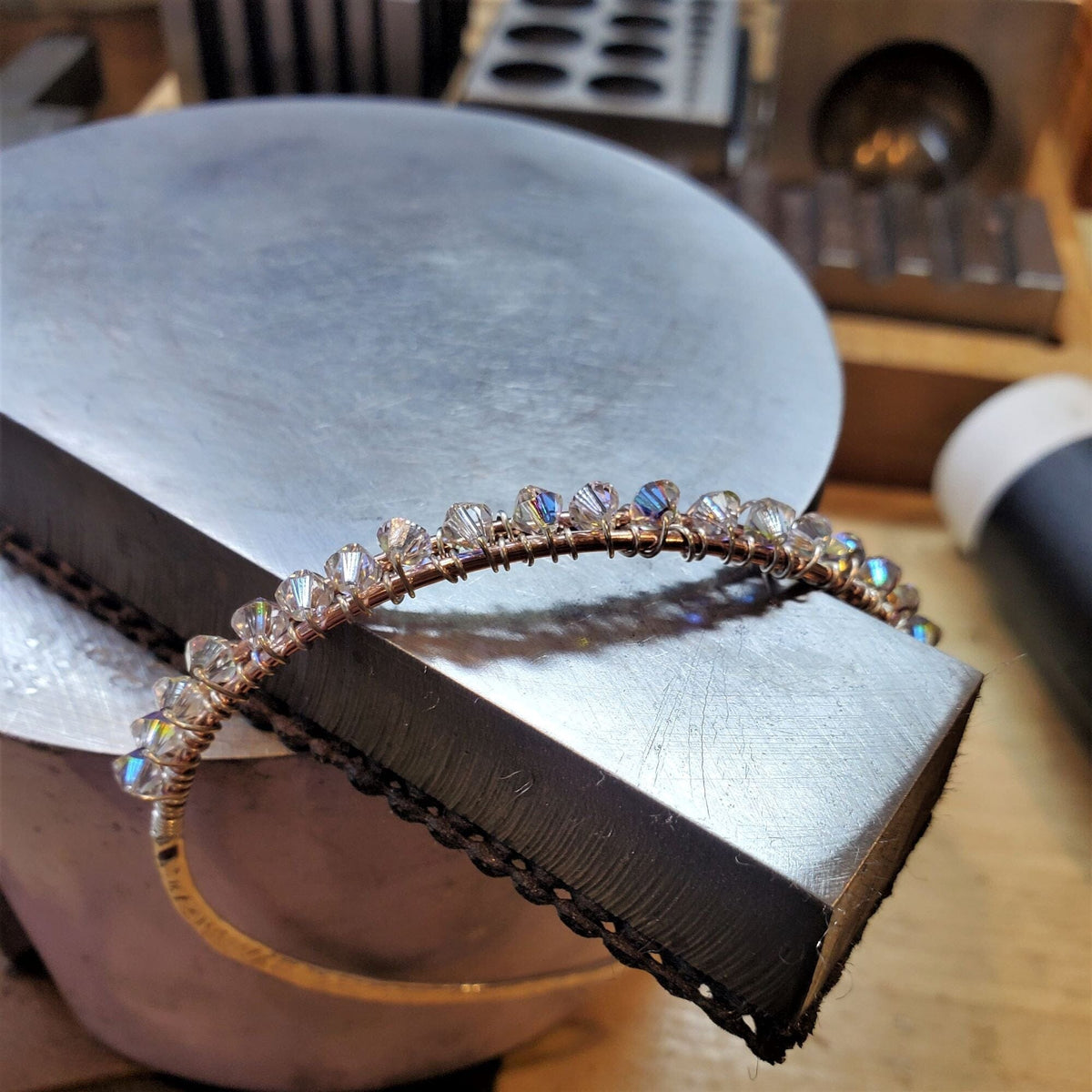 Alexa Martha Designs Bangles /Bracelets Two Metal  Embossed Wire Wrapped Crystal Bangle
