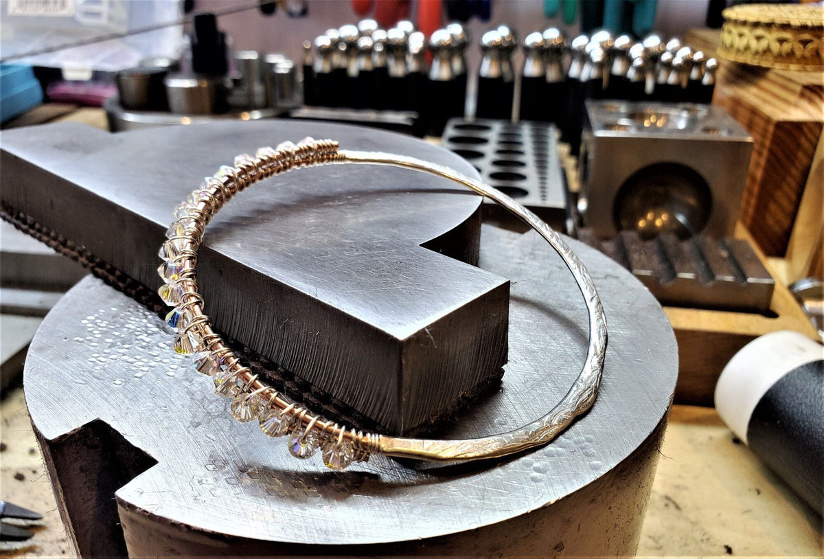 Alexa Martha Designs Bangles /Bracelets Two Metal  Embossed Wire Wrapped Crystal Bangle