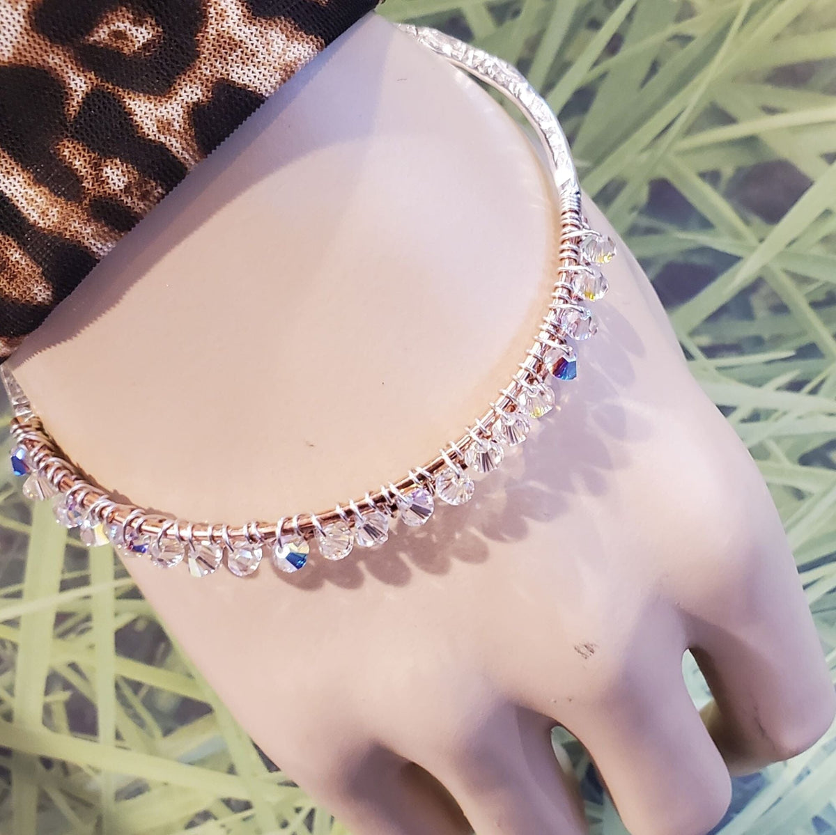 Alexa Martha Designs Bangles /Bracelets Two Metal  Embossed Wire Wrapped Crystal Bangle
