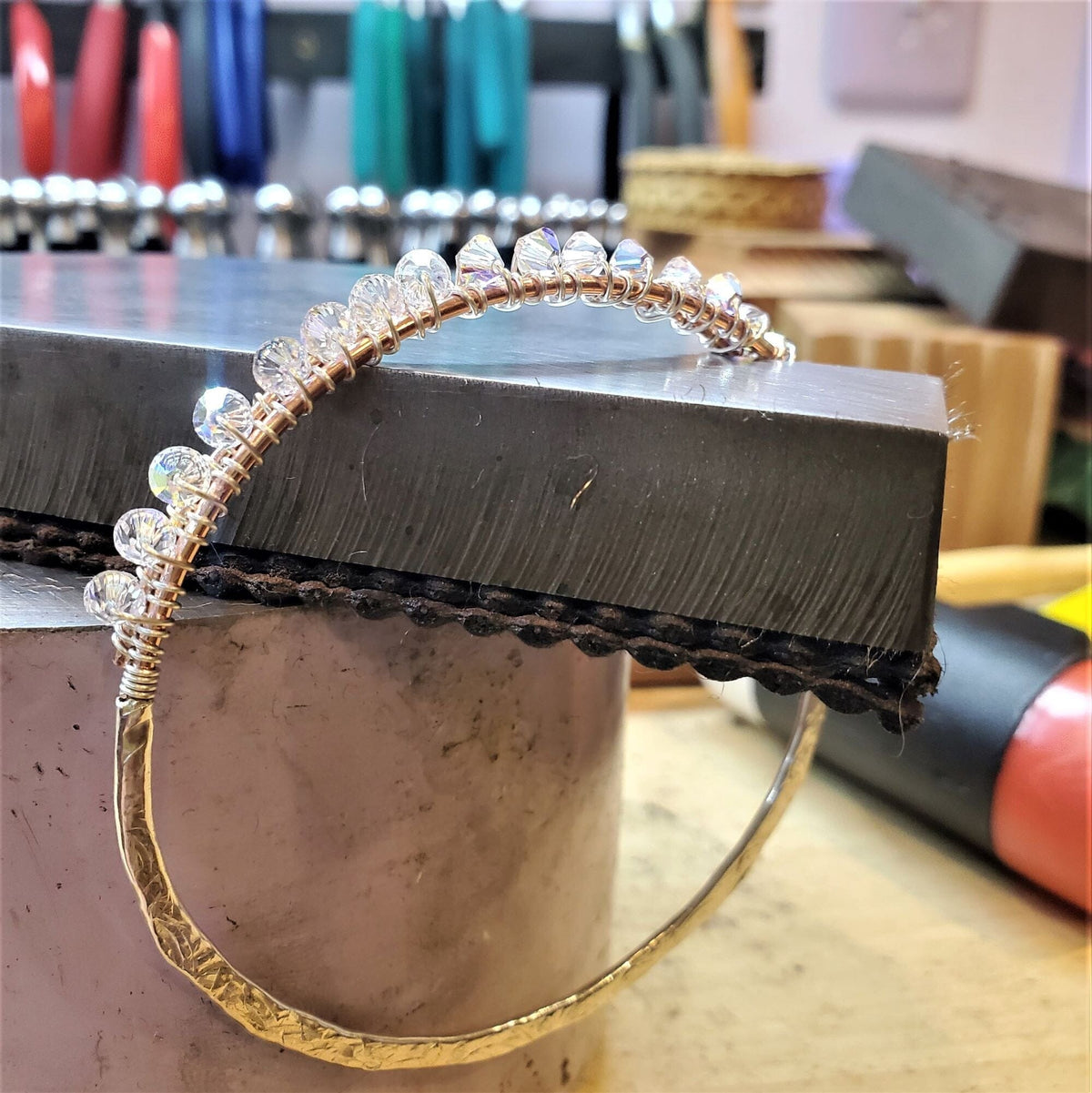 Alexa Martha Designs Bangles /Bracelets Two Metal  Embossed Wire Wrapped Crystal Bangle