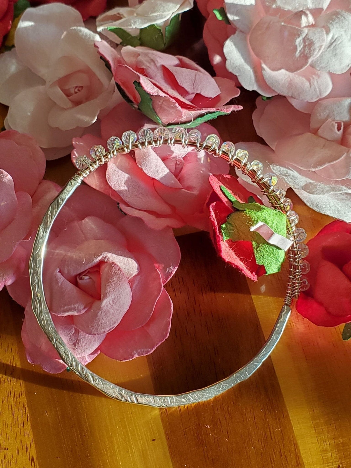 Alexa Martha Designs Bangles /Bracelets Two Metal  Embossed Wire Wrapped Crystal Bangle