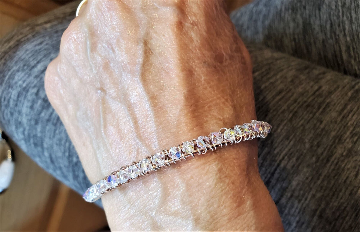 Alexa Martha Designs Bangles /Bracelets Two Metal  Embossed Wire Wrapped Crystal Bangle