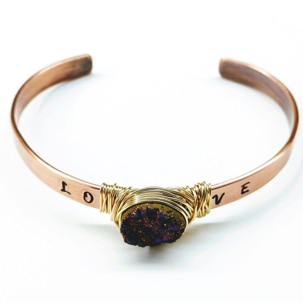 Alexa Martha Designs Bracelet Default Title / Purple Alexa Martha Designs LOVE Stamped Gold Wire Wrapped Purple Druzy Copper Cuff