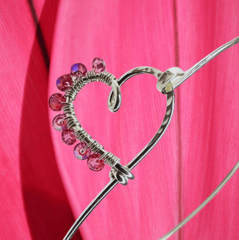 Alexa Martha Designs Bracelet Small 6 inch wrist / Rose Alexa Martha Designs Pink Crystal Wire Wrapped Heart Bangle in Sterling Silver