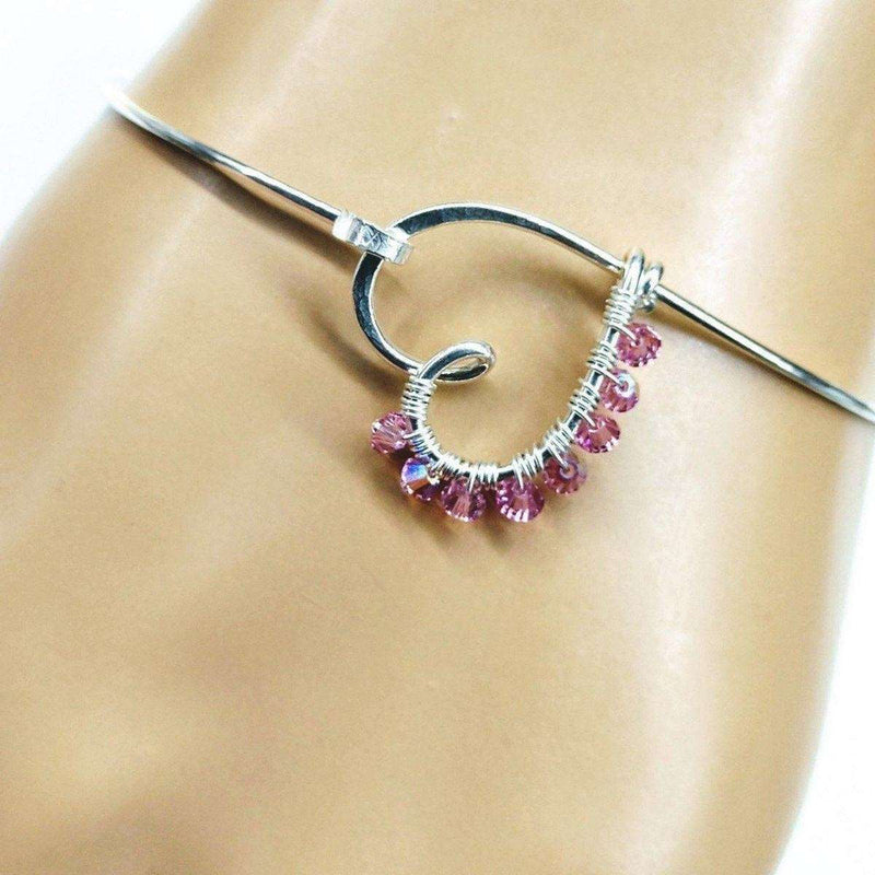 Alexa Martha Designs Bracelet Small 6 inch wrist / Rose Alexa Martha Designs Pink Crystal Wire Wrapped Heart Bangle in Sterling Silver