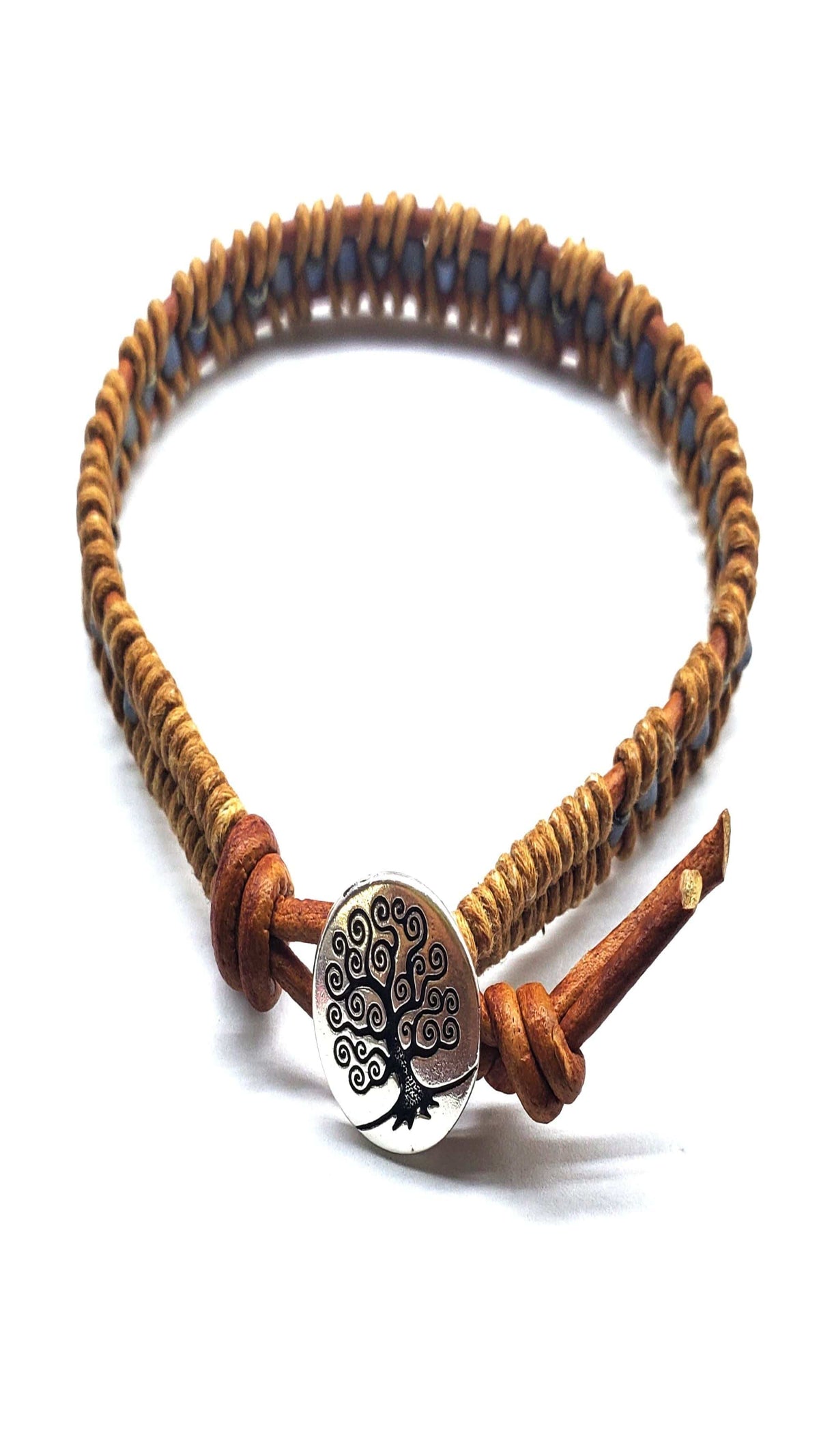 Alexa Martha Designs Bracelet Tree of Life Button Brown Gray Leather Wrap Seed Bead Bracelet