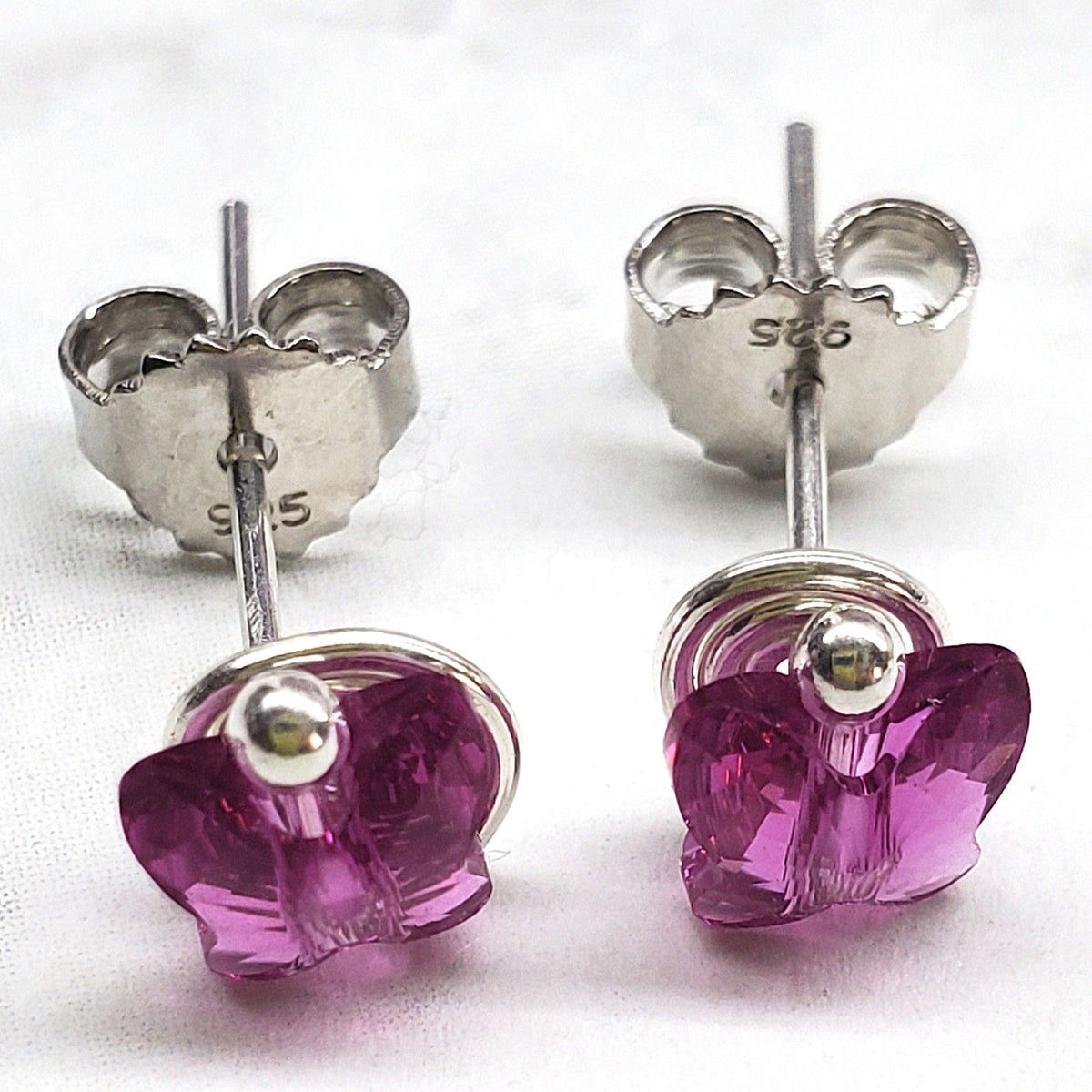 Alexa Martha Designs Ear Studs Fuchsia 8mm Crystal Butterfly Silver Spiral Stud Earrings
