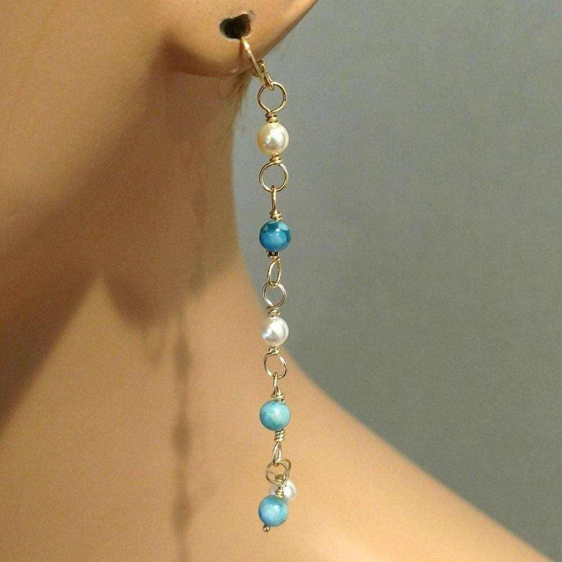 Alexa Martha Designs Earrings 14 KT Gold Filled Wire Wrapped Long Turquoise Pearl Dangle Earrings